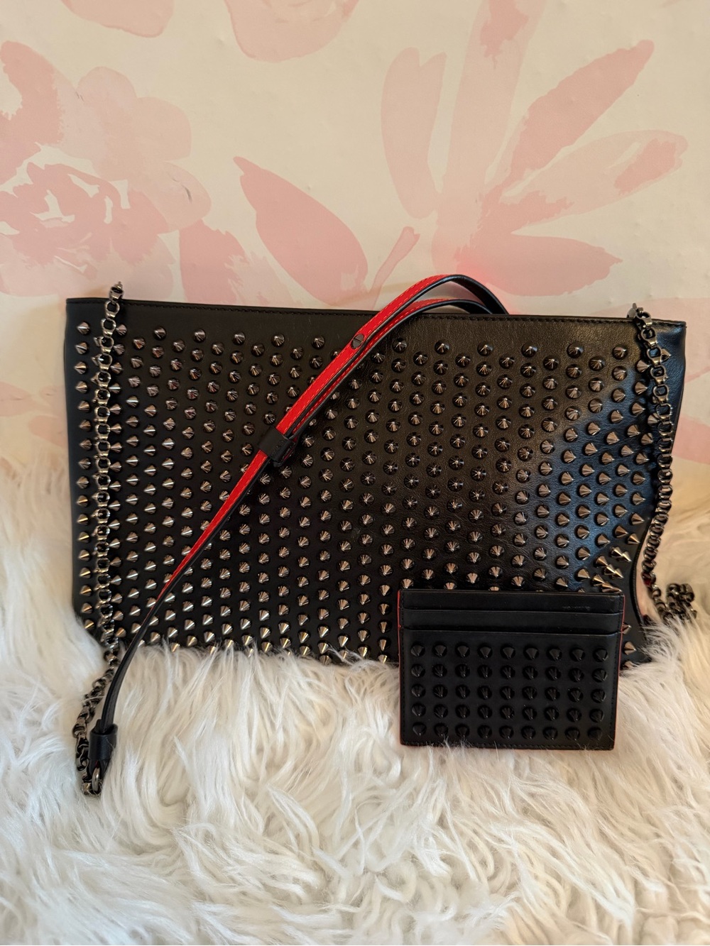Black Studded Christian Louboutin Crossbody Bag with Matchinf Cardholder
